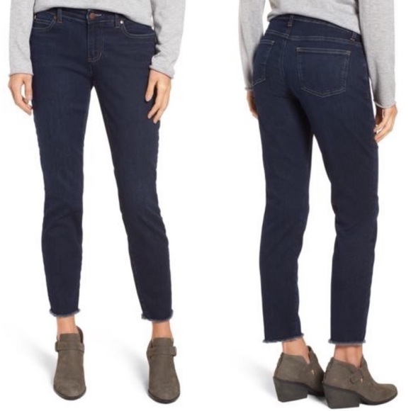 Eileen Fisher Slim Ankle Raw Hem Jeans Dark Wash - Picture 1 of 5